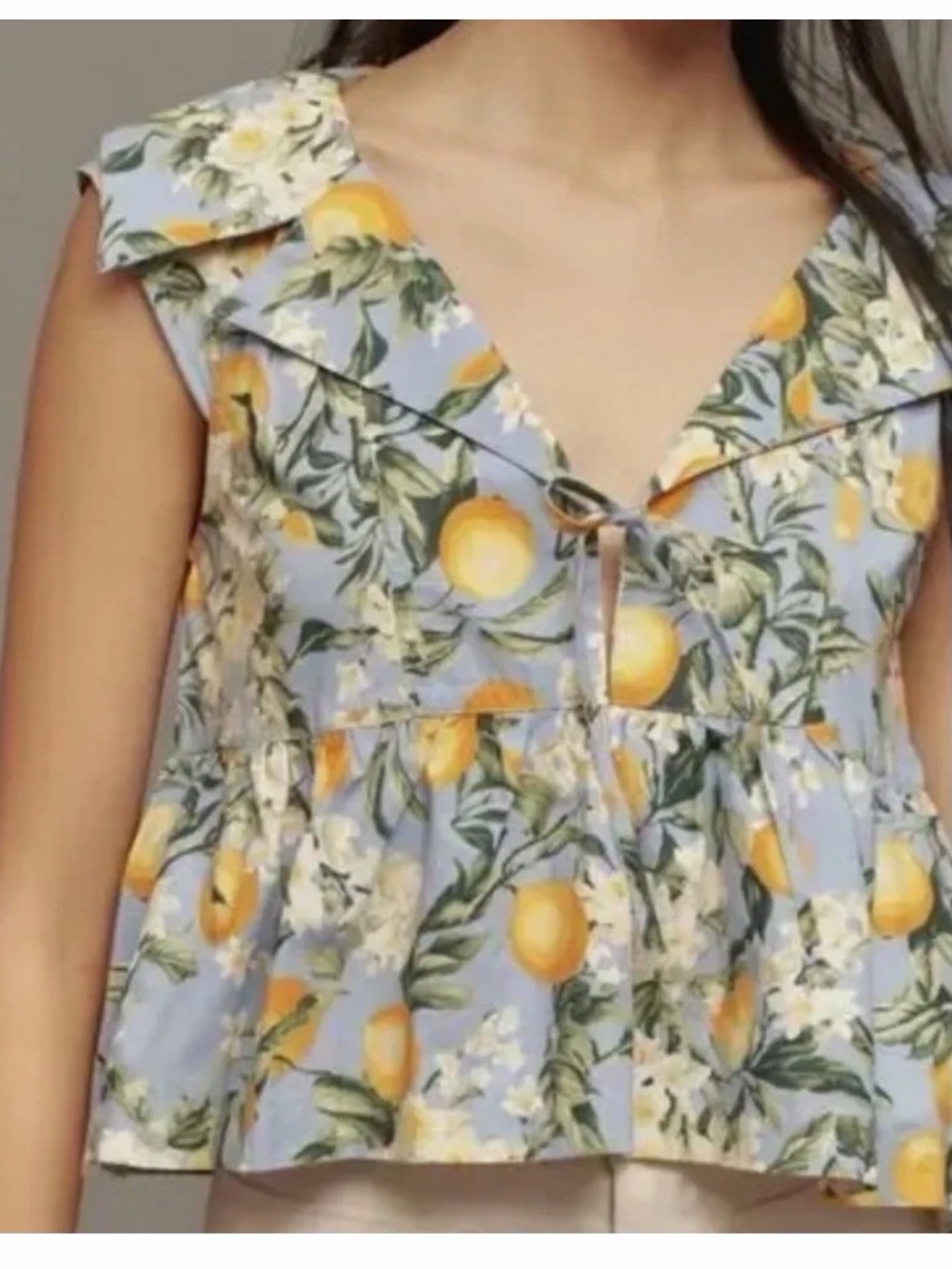 Anthropologie Sky-Blue Lemon & Floral Tie-Waist Blouse - Picture 3 of 8